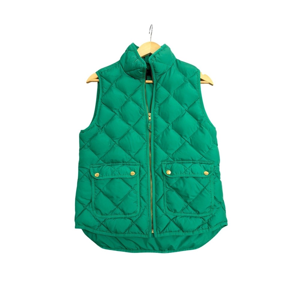 J.Crew Womensβ Green Quilted Puffer Vest Down Fill Gold Zip Pockets Small